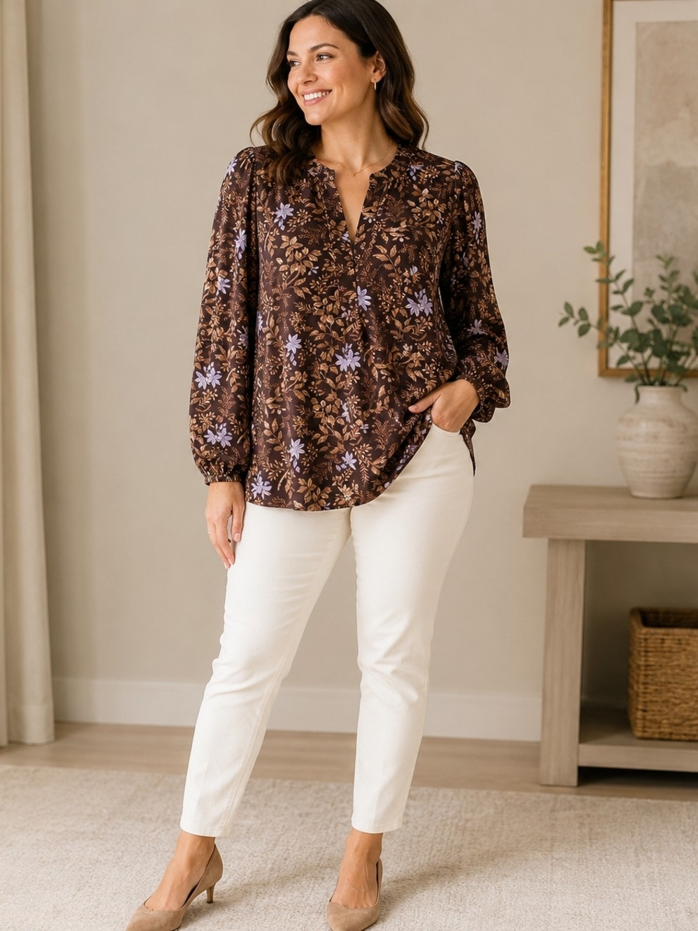 LOFT Brown Floral Long-Sleeve V-Neck Blouse with Lavender Accents